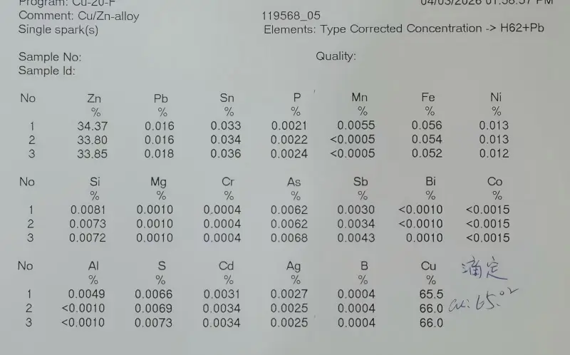 Chemical Composition Test Report For H65 Telescopic Antenna Brass Tube Sample From chustomer Chemical Composition Test Report For H65 Telescopic Antenna Brass Tube Sample From chustomer